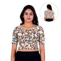 Printed Boat Neck Blouses Mid Sleeve