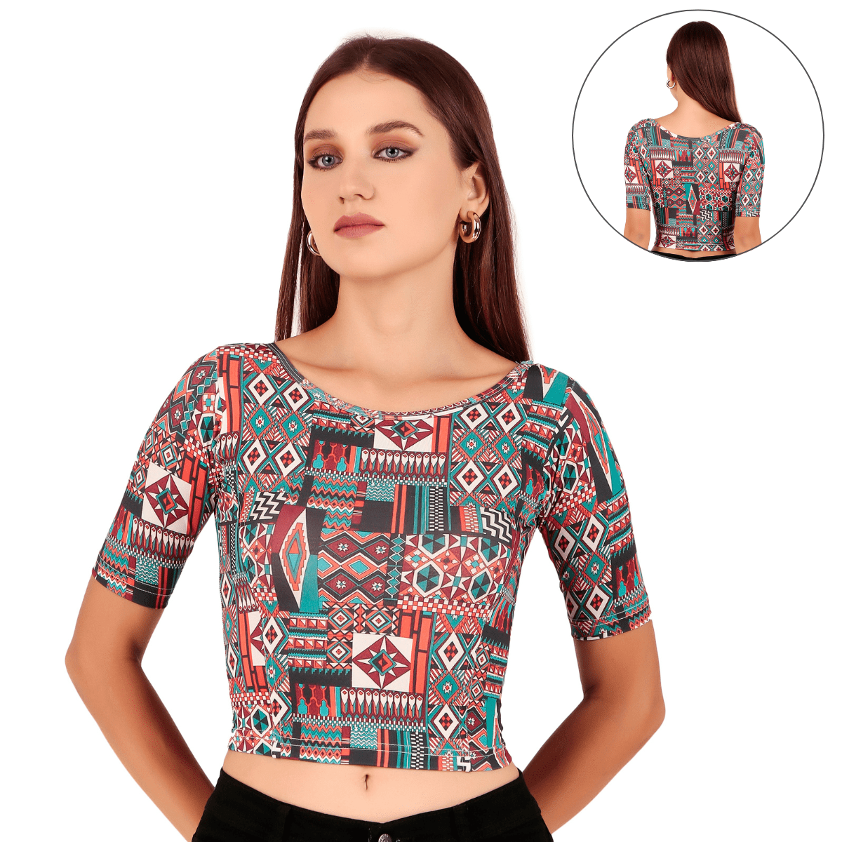 Printed Boat Neck Blouses Mid Sleeve