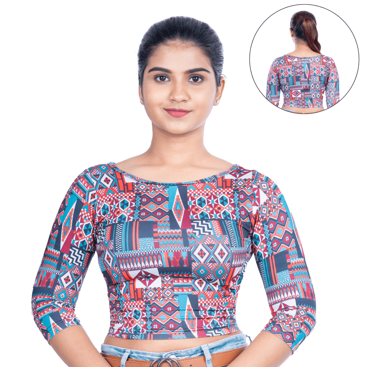 Printed Boat Neck Blouses 3/4 Sleeve