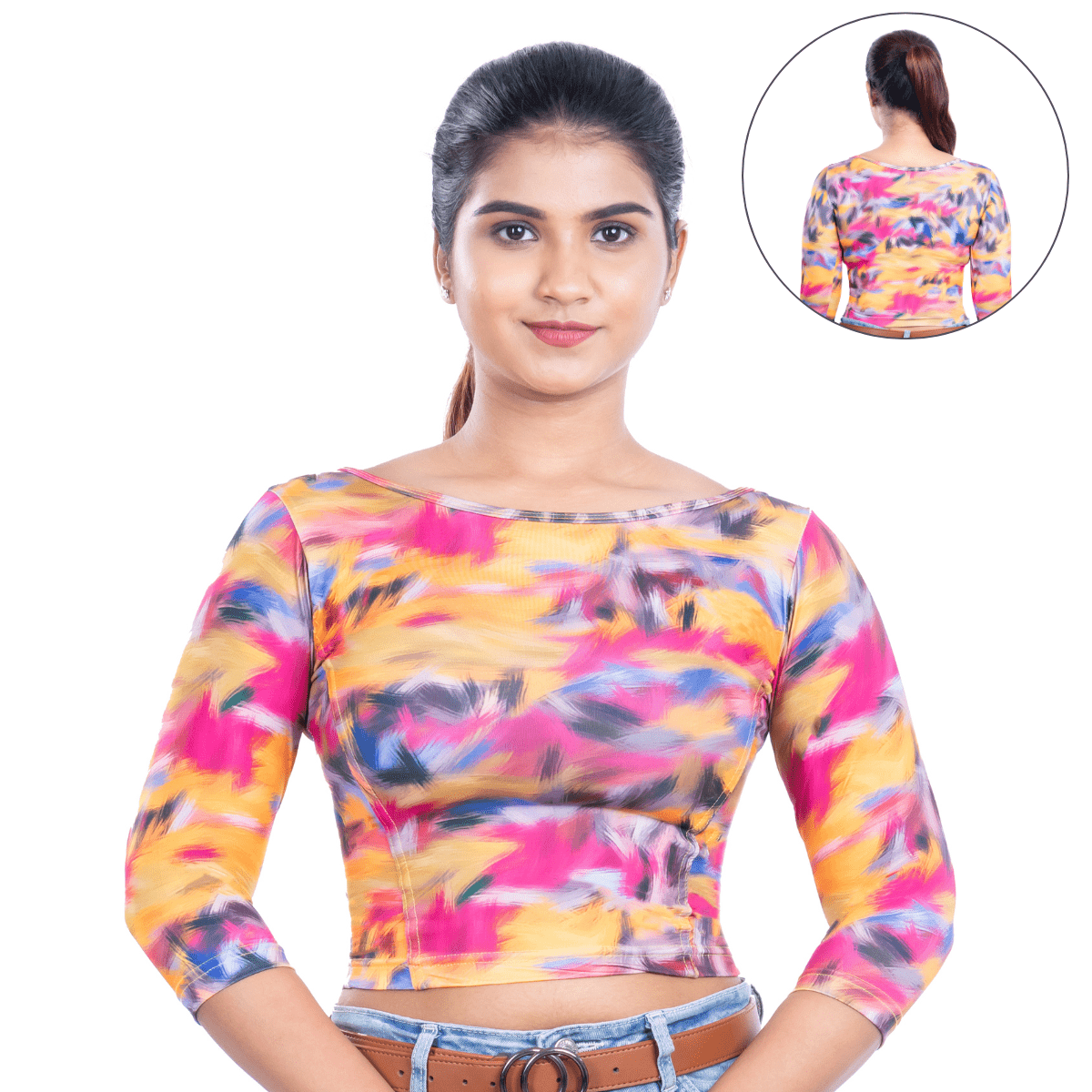 Printed Boat Neck Blouses 3/4 Sleeve
