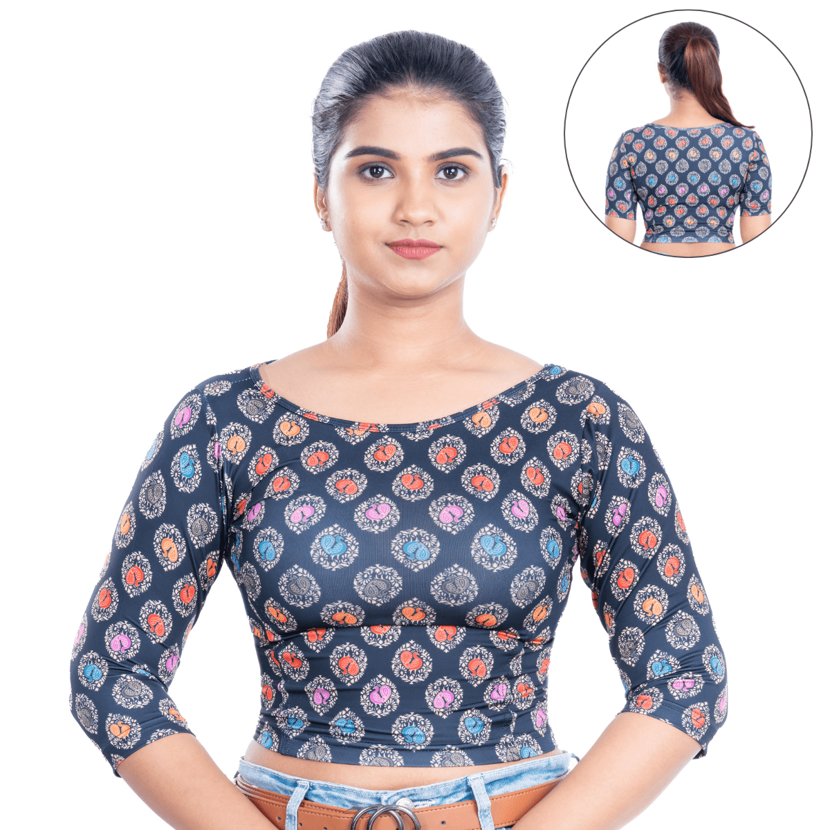 Printed Boat Neck Blouses 3/4 Sleeve