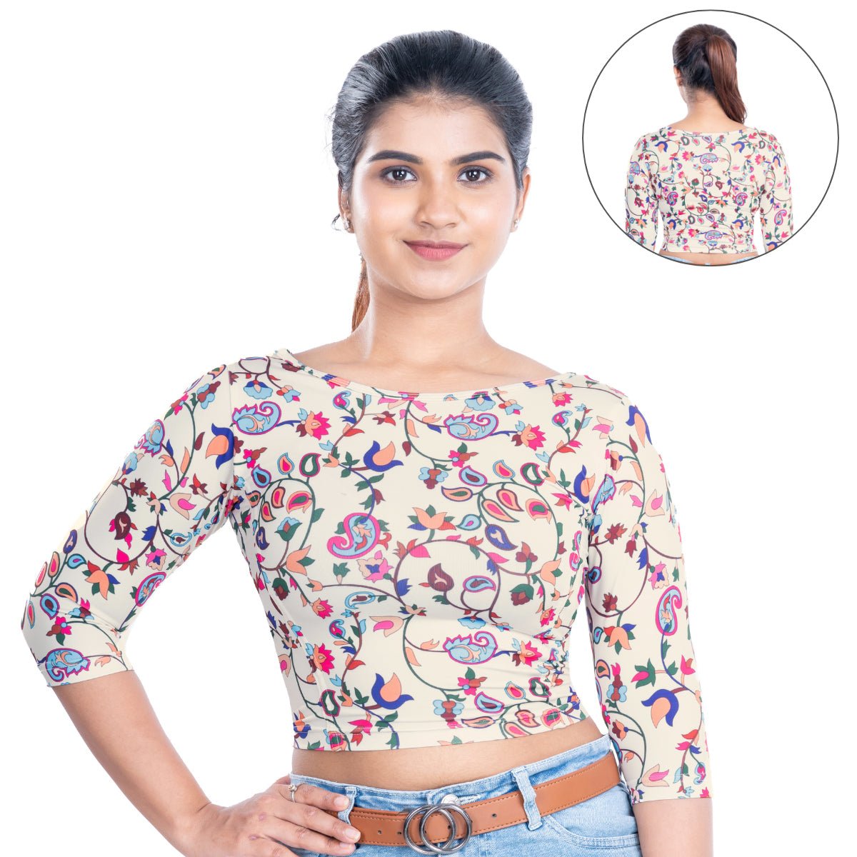 Printed Boat Neck Blouses 3/4 Sleeve