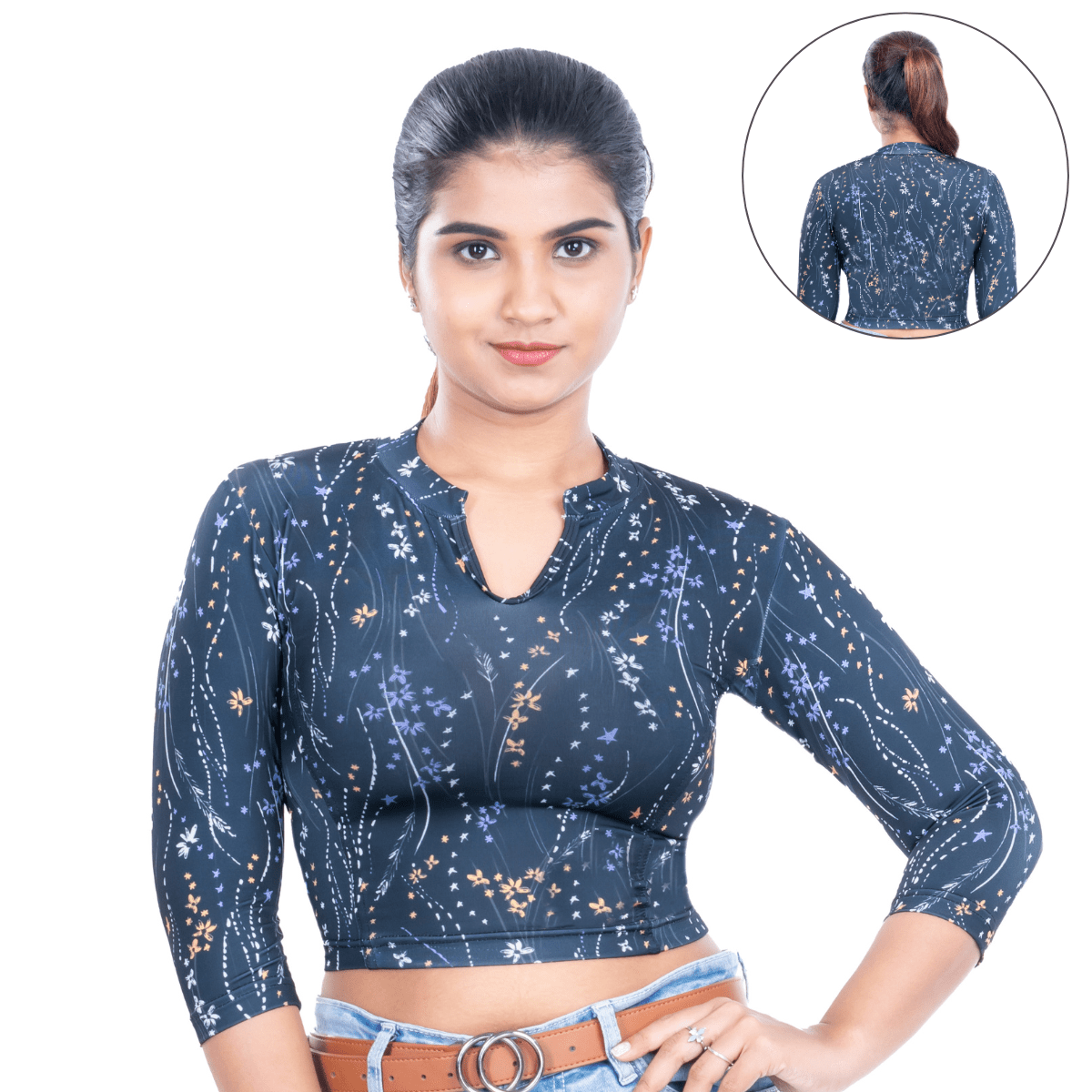 Printed Collar Neck Blouse 3/4 Sleeve