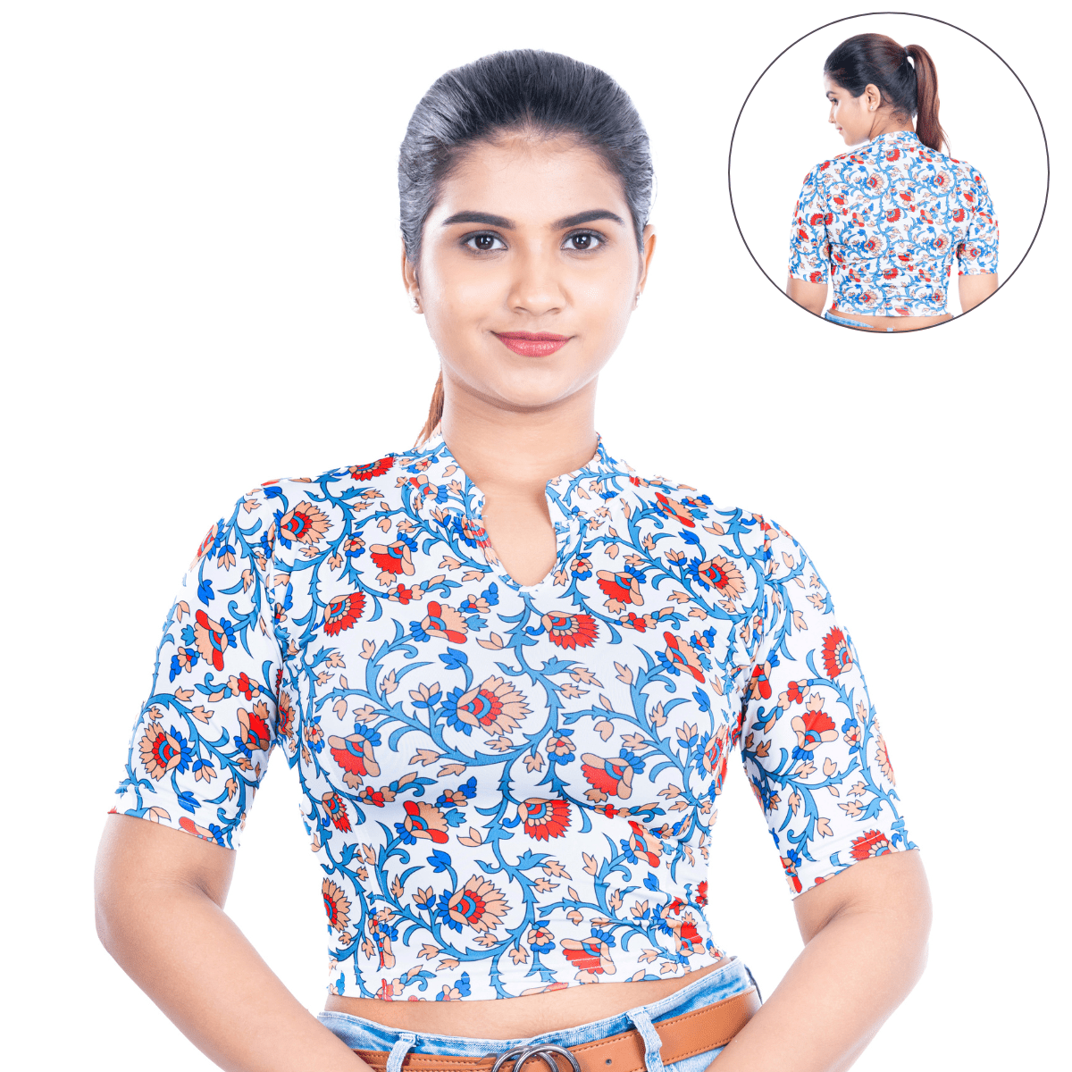 Printed Collar Neck Blouse Mid Sleeve