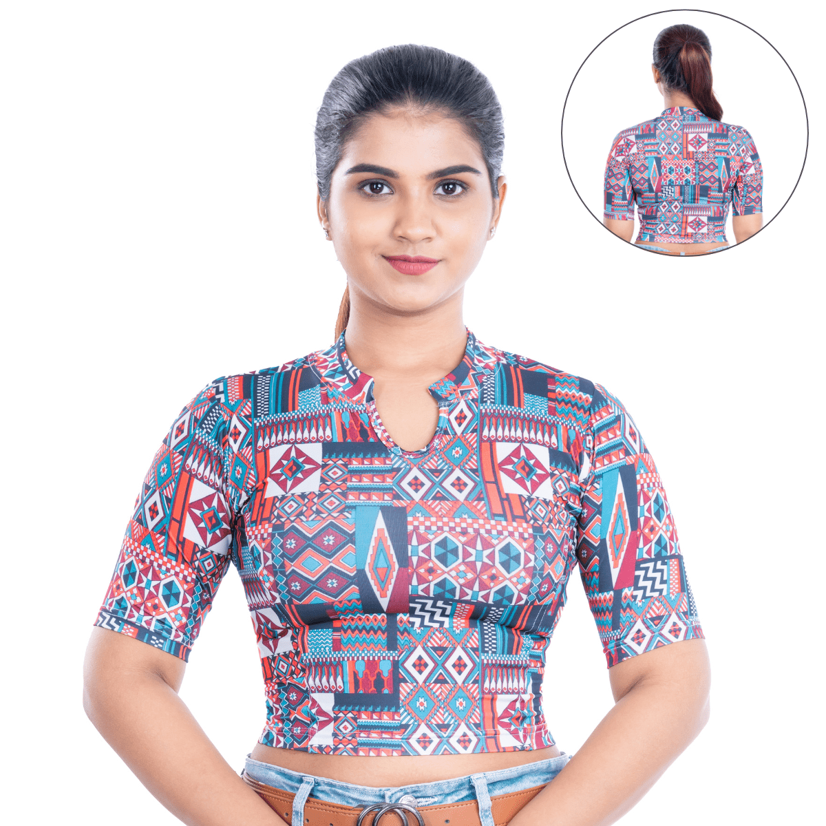 Printed Collar Neck Blouse Mid Sleeve