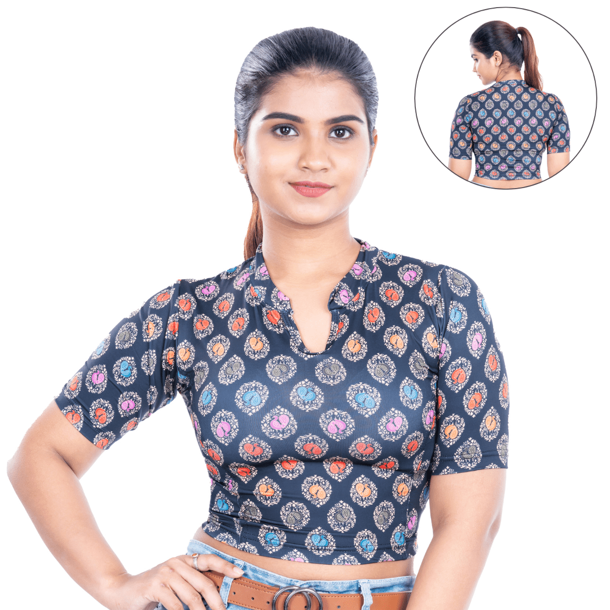 Printed Collar Neck Blouse Mid Sleeve
