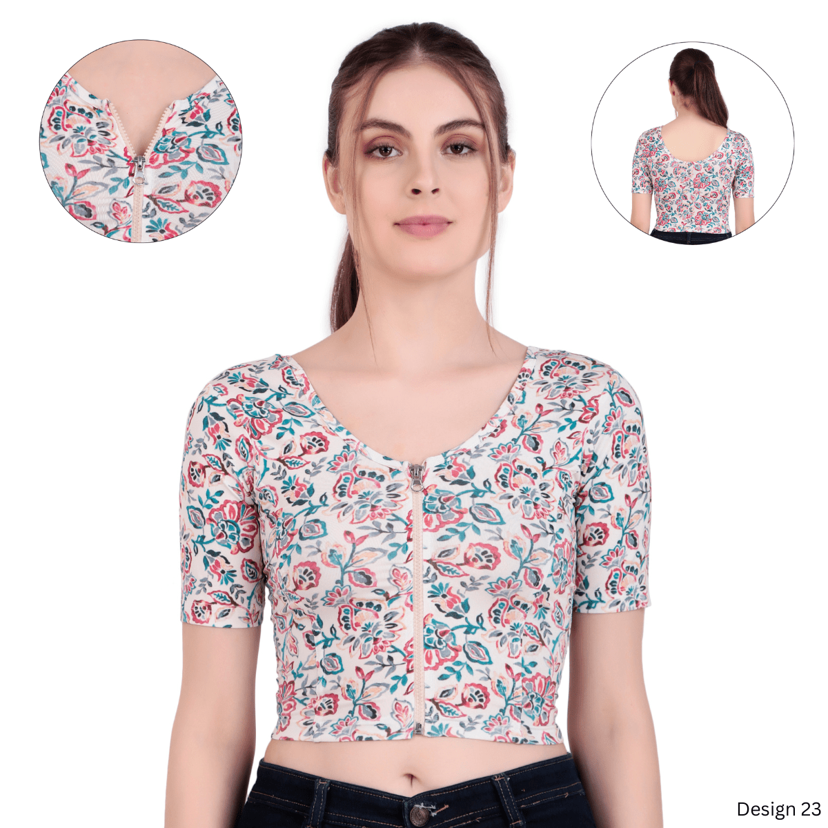 Zipper Readymade Blouse | Printed | Stretchable