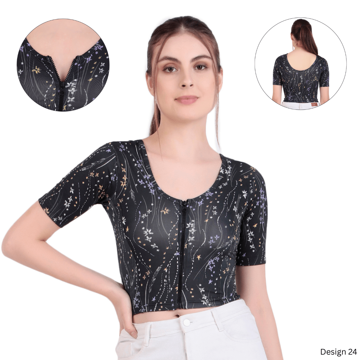 Zipper Readymade Blouse | Printed | Stretchable