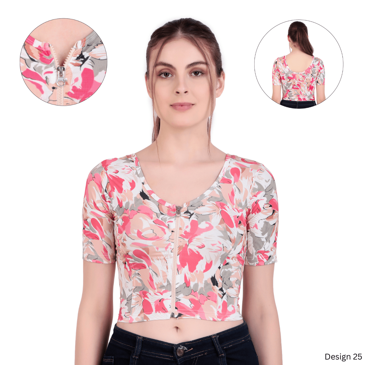 Zipper Readymade Blouse | Printed | Stretchable