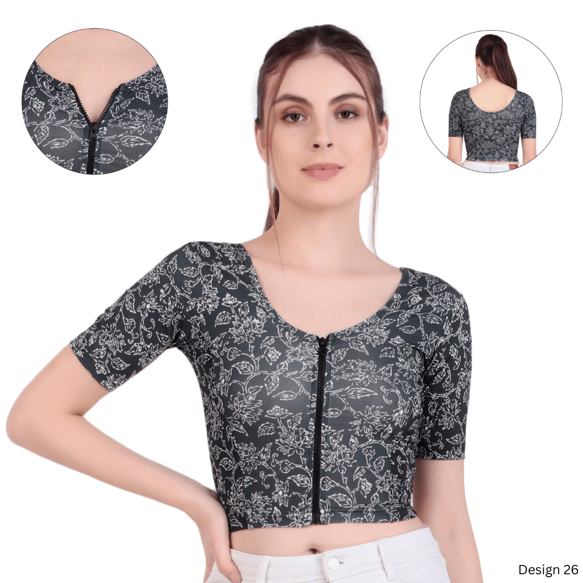 Zipper Readymade Blouse | Printed | Stretchable