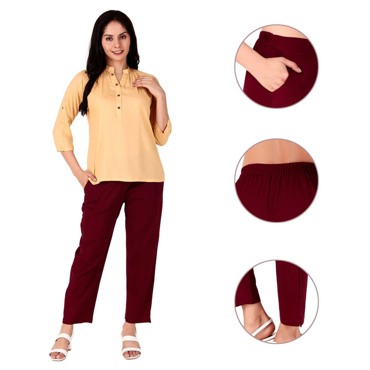 Maroon cotton straight pants for women