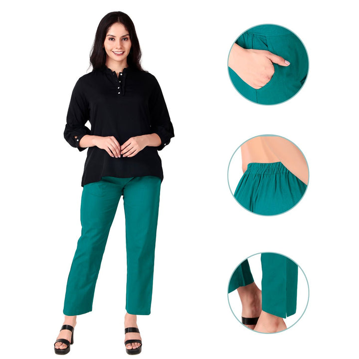 green cotton straight pants for women