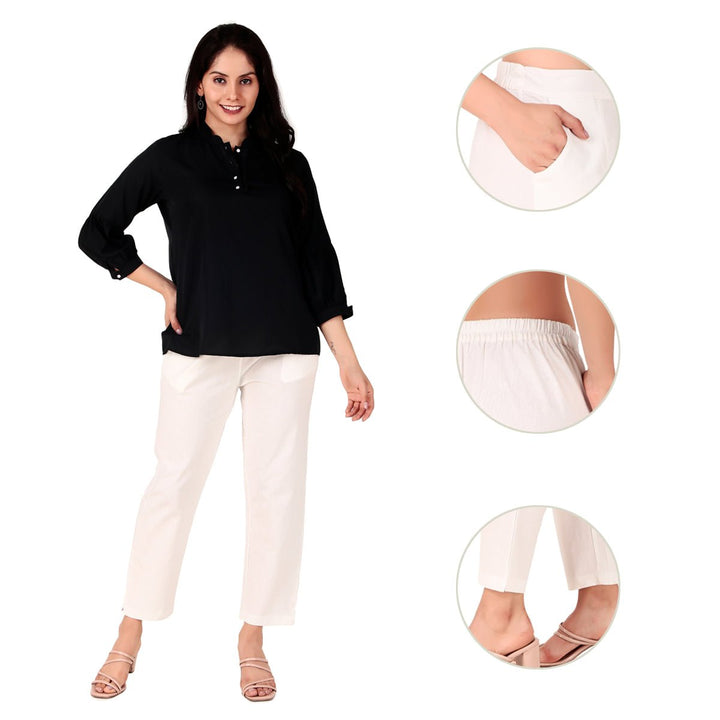 off white cotton straight pants for women