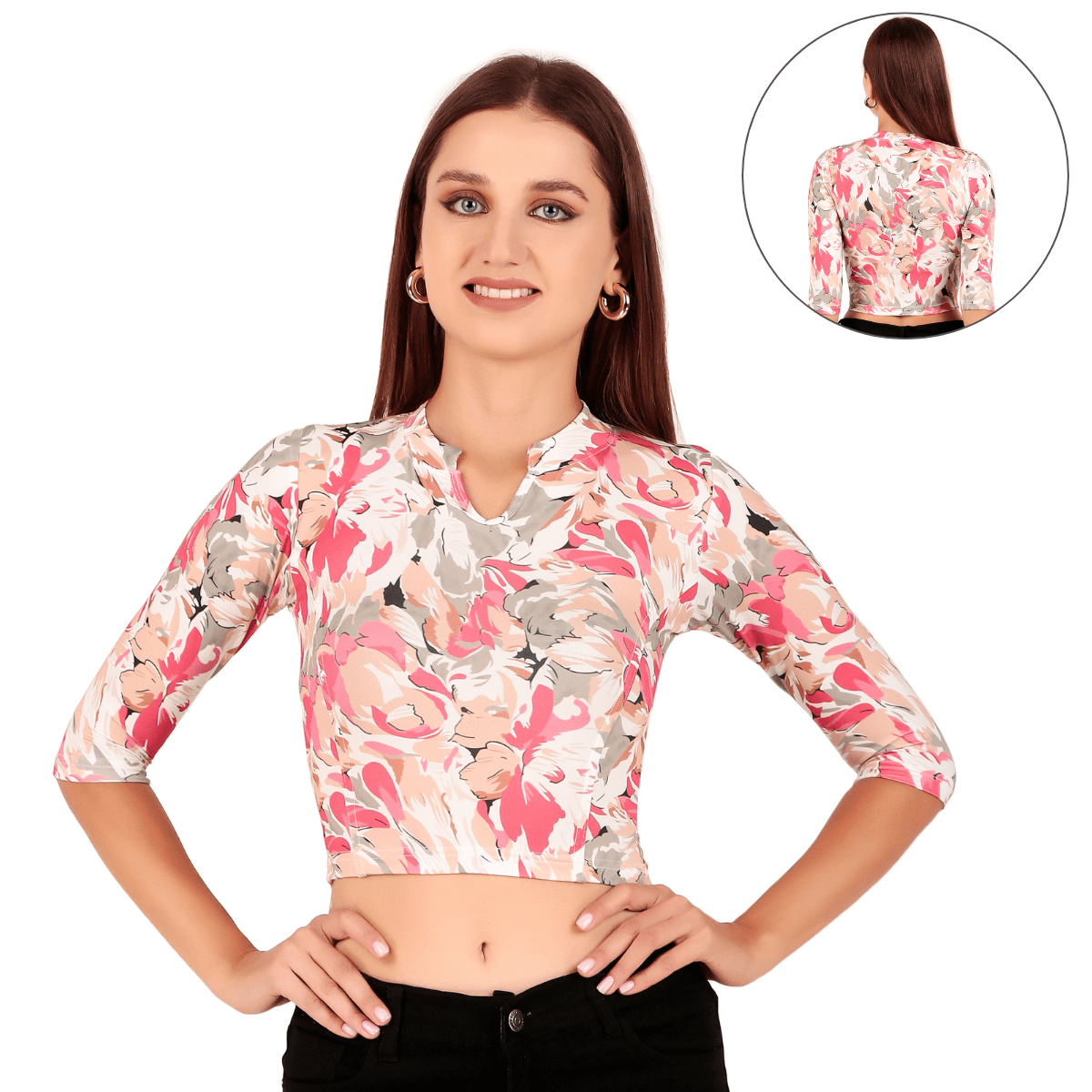 Printed Collar Neck Blouse 3/4 Sleeve