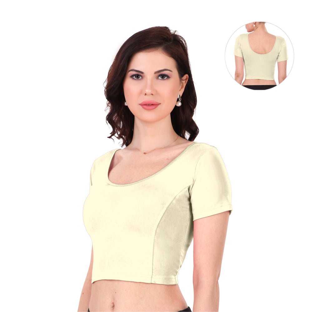 Sidhidata Round Neck Dobby Cotton Lycra Stretchable Elbow Sleeve Readymade  Saree Blouse for Women Stylish (Free Size-28-36, Beige) : Amazon.in: Fashion